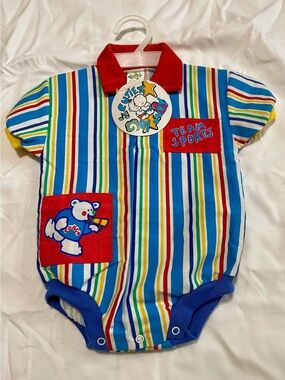 NWT Vintage Cuties by Judy Rainbow Stripe Baby Romper Polo One Piece 6-9M